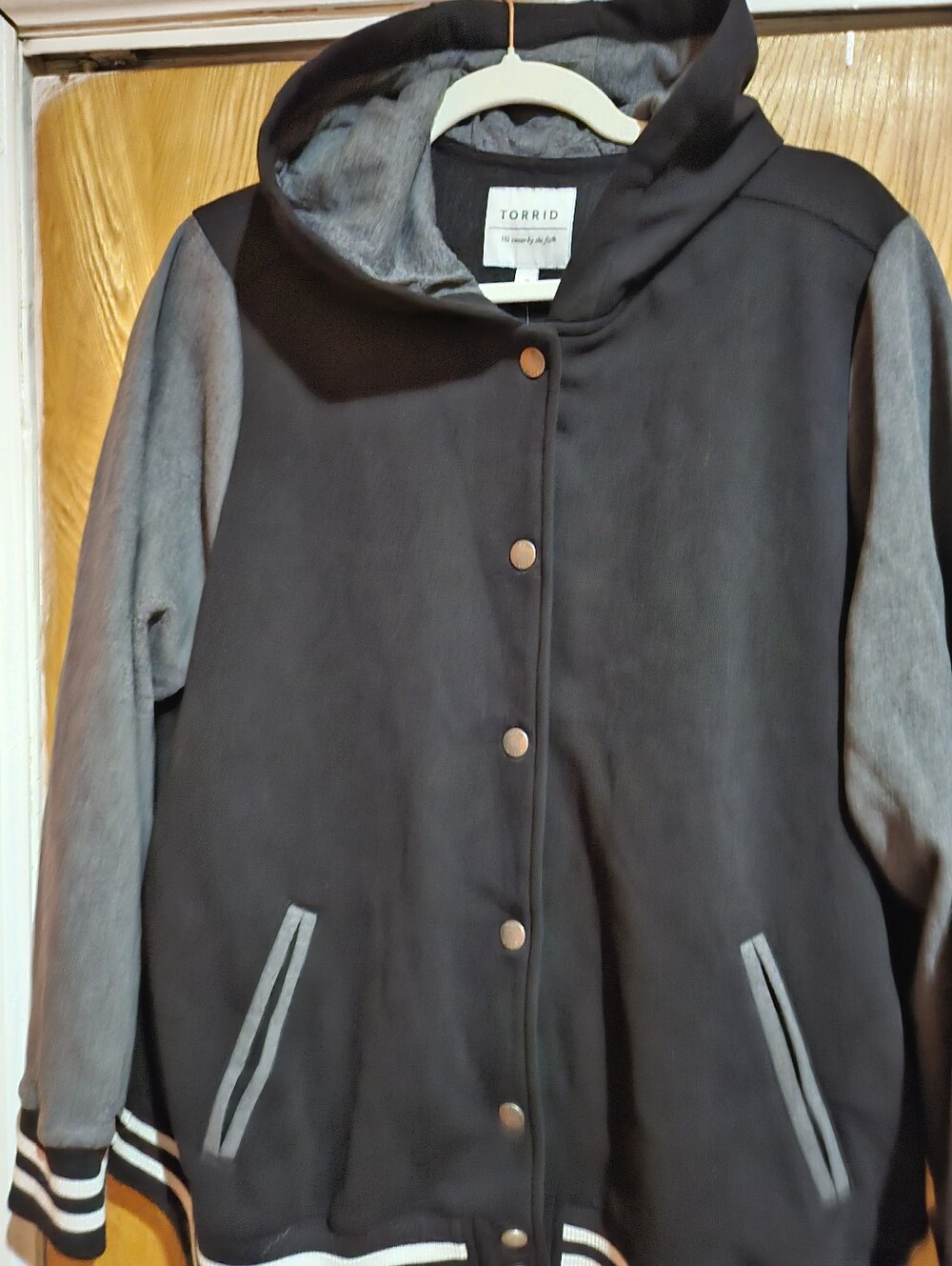 torrid Black and Gray Hooded Varsity Jacket